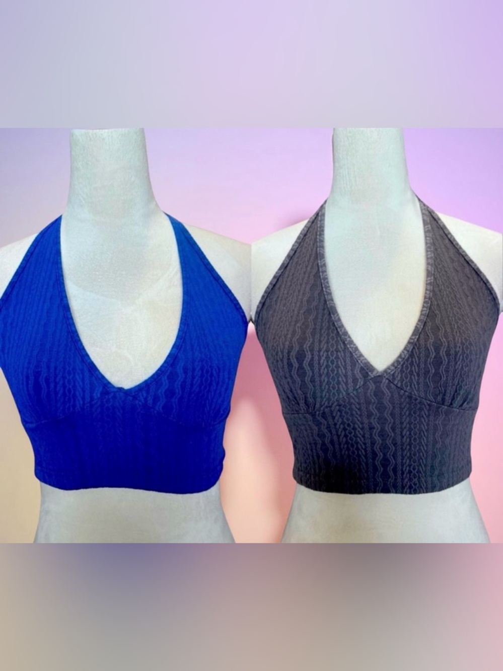 Halter Tops Crop Tops Two Summer Tops Blue/Grey Tie Back